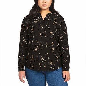 HILARY RADLEY LONG SLEEVE BLOUSE BLACK FLOWER MEDIUM HIGH LOW HEM NEW TAGS